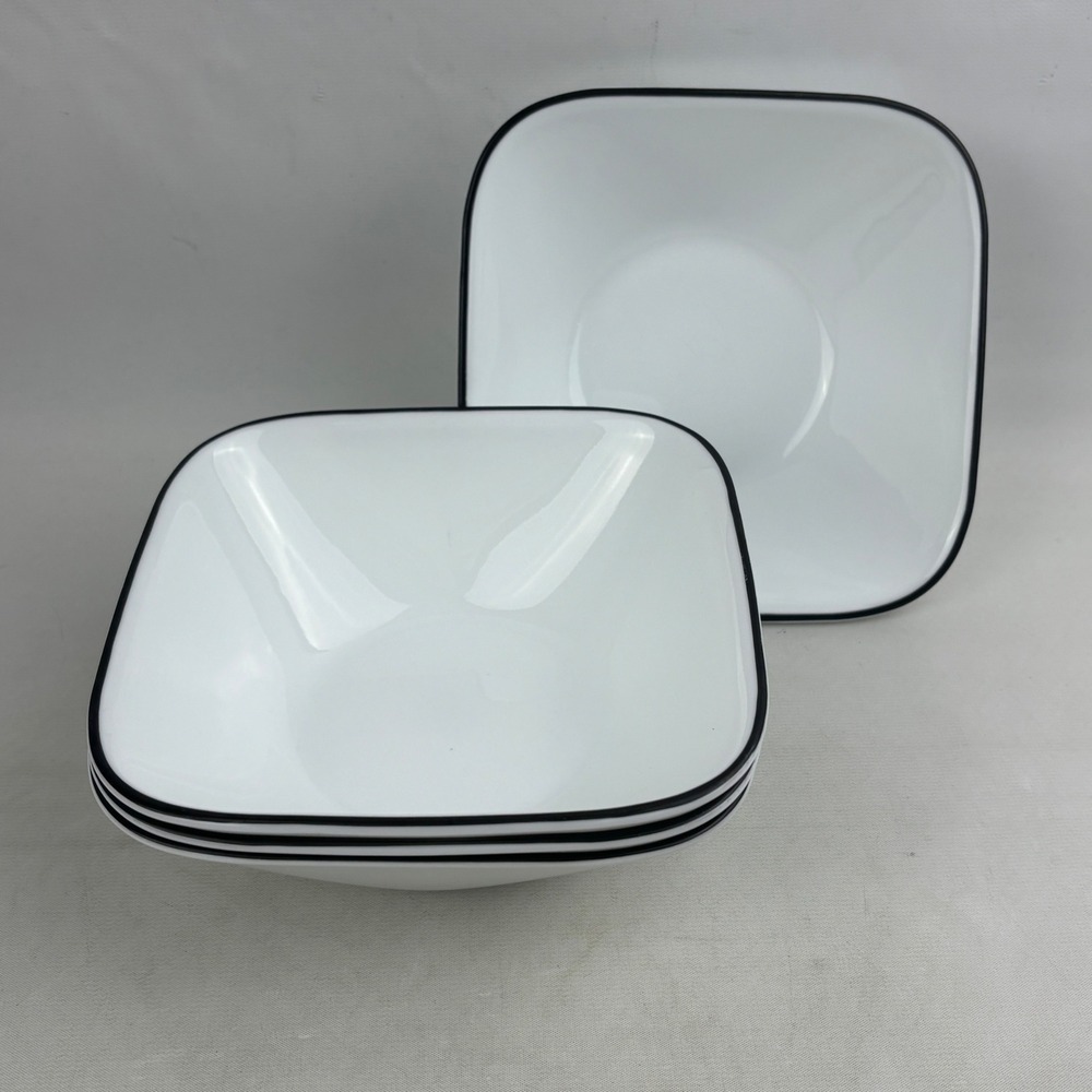 Corelle Simple‎ Lines Square Soup Cereal Bowls Set of 4 White Black 6.5"